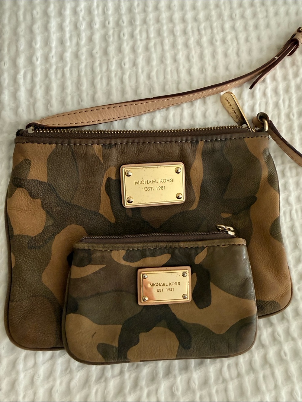 Michael Kors Camouflage Leather Wristlet Duo in Brown and Tan